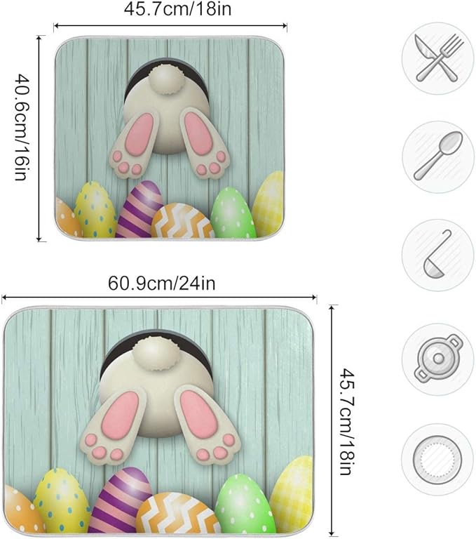 Happy Easter Eggs Bunny Tail Dish Drying Mat 18x24 for Kitchen Easter Day Rabbit Flowers Dishes Pad Dish Drainer Rack Mats Absorbent Fast Dry Kitchen Accessories