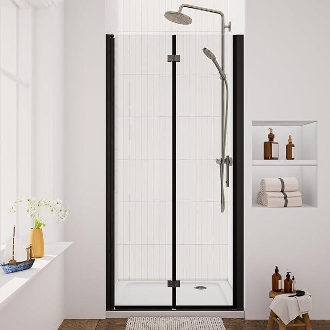 Bifold Shower Door, Royal Guard 36" W X 72" H Frameless Glass Shower Door with 1/4" (6mm). Clear Tempered Shower Glass Door,Pivot Swing Shower Doors,Matte Black