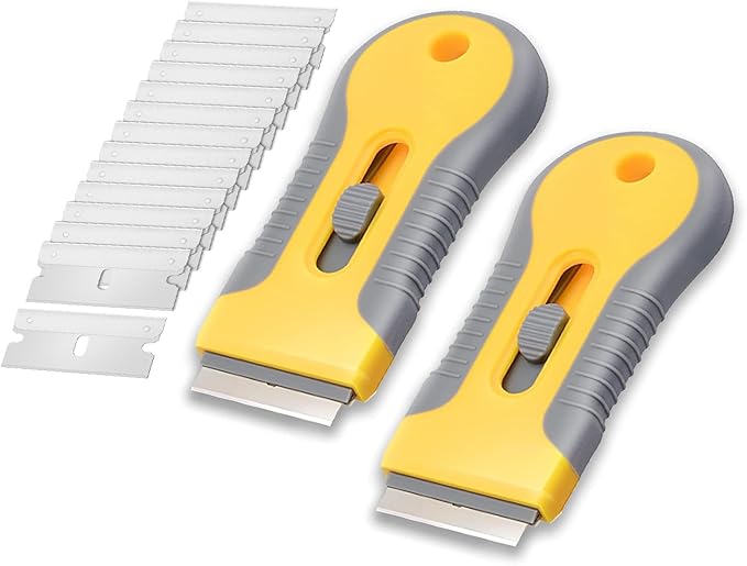 Bates- Razor Blade Scraper Tool, 2 Pack, 30 Extra Carbon Steel Blades, Anti-Slip Ergonomic Handle Design, Razor Scraper Set for Cleaning Window, Paint, Oven, Glass, Stove