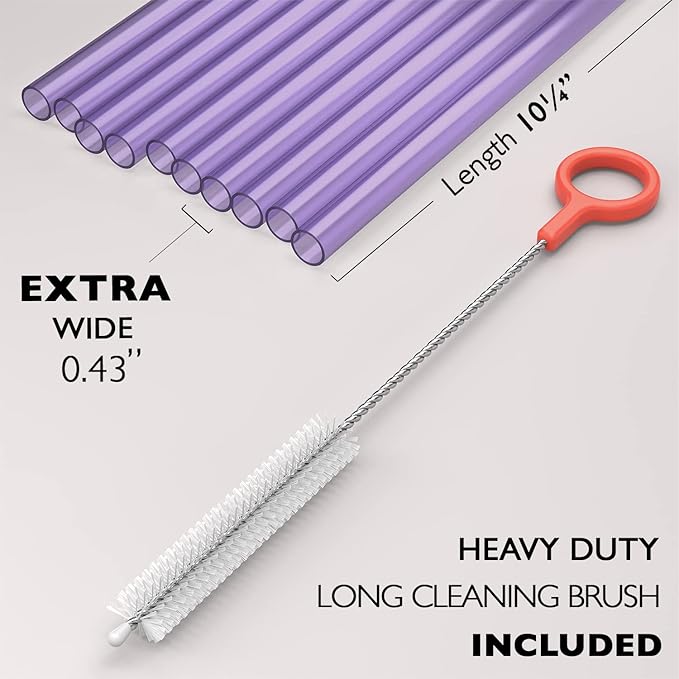 10 EXTRA WIDE Long Reusable Purple Hard Plastic Drinking Straws + Cleaning Brush - Fat Thick Large Jumbo Straws for Smoothies and Milkshakes - Purple - Dishwasher Safe BPA Free
