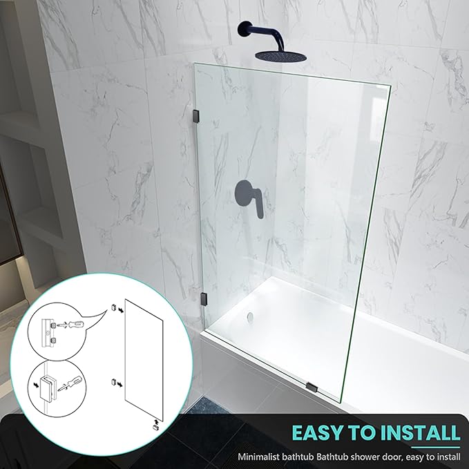 34" W x 58" H Frameless Single Fixed Bath Panel, Fixed Bathtub Screen with Clamps, 1/4" Clear Glass, Bathroom Shower Door Screen Fixed Tub Shower Glass Door Panel in Matte Black