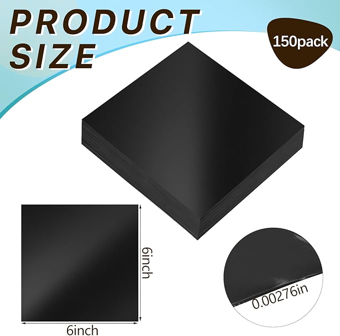 150 Packs Aluminum Metal Crafts DIY Foil 6 Inch x 6 Inch x 0.07 mm Thick for Art Project Aluminum Flashing Roll Wide Sheet Multipurpose Metal Sheets(Black)