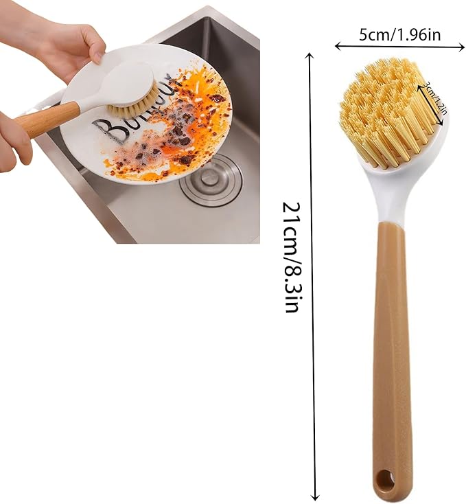 Dish Brush with Built-in Scraper, Non-Slip Durable Plastic Handle Heavy Duty Scrubber for Pots and Pans, Kitchen Sink Cleaning Caked-On Food, 2 Pack