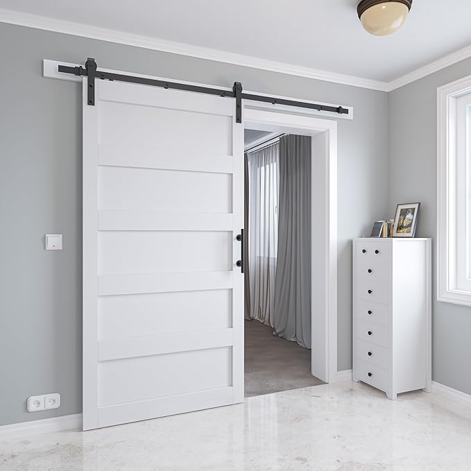 48in x 84in Sliding Barn Door with 8ft Barn Door Hardware Kit & Handle, Pre-Drilled Holes Easy Assembly -Solid Barn Door Slab Covered with Water-Proof PVC Surface, White, 5 Panel