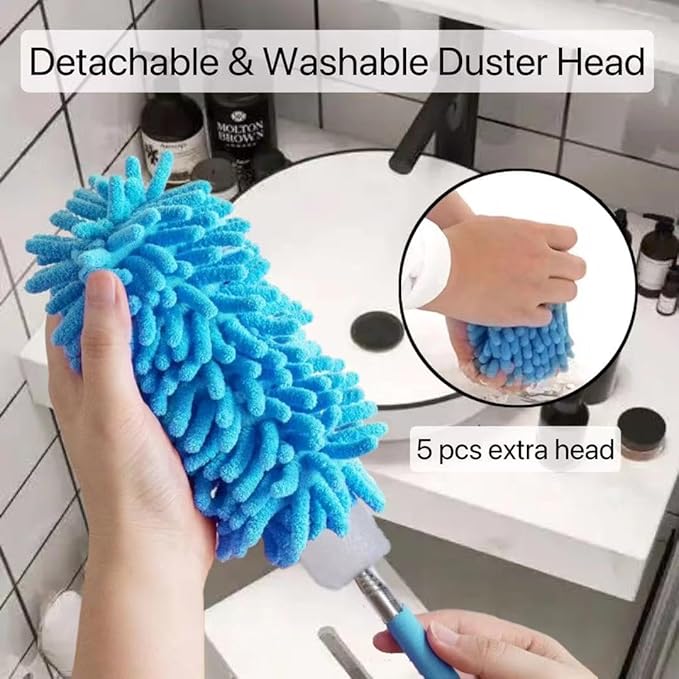Microfiber Duster for Cleaning,6 Pcs Hand Washable Dusters with 11" to 29.5" Reachable Pole,Small Dusters for Cleaning Office Car Computer Furniture Sofa Ceiling Fan (Blue)