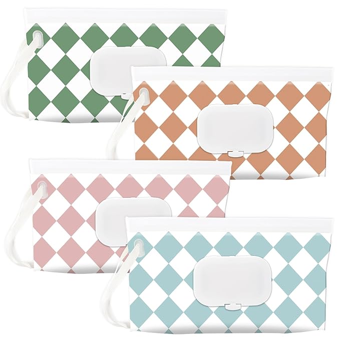 FEBSNOW 4 Pack Baby Wipes Dispenser Holder, Portable Refillable Baby Wet Wipes Pouch Container Reusable Travel Case