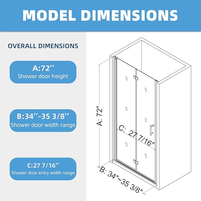 Bifold Shower Door, Royal Guard 34" W X 72" H Frameless Glass Shower Door with 1/4" (6mm). Clear Tempered Shower Glass Door,Pivot Swing Shower Doors,Chrome Finish