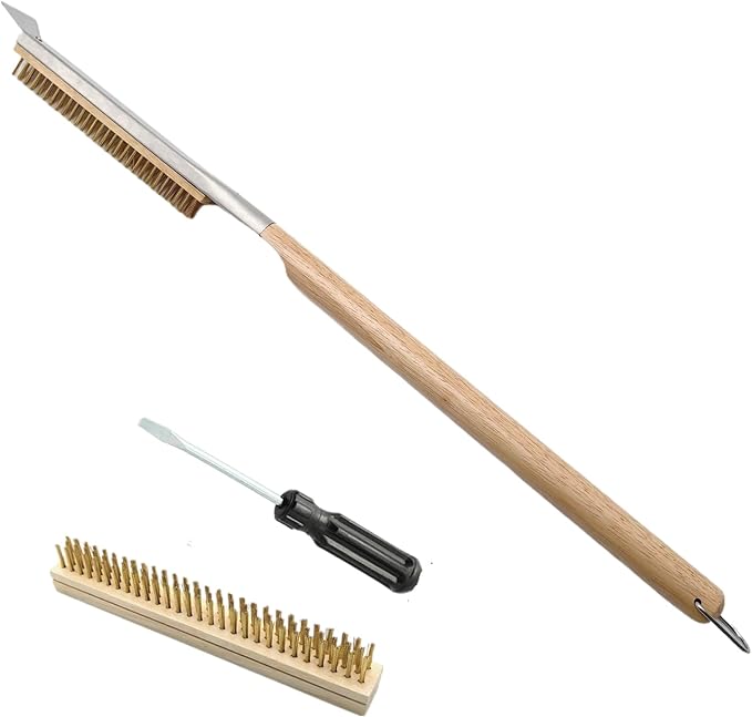 3 Pack 26 Inch Pizza Oven Brush with Scraper and Brass Bristles, Outdoor BBQ Grill Cleaning Brush Copper Wire Pizza Stone with 1 Brush Heads and 1 Screwdriver for Picnic Camping