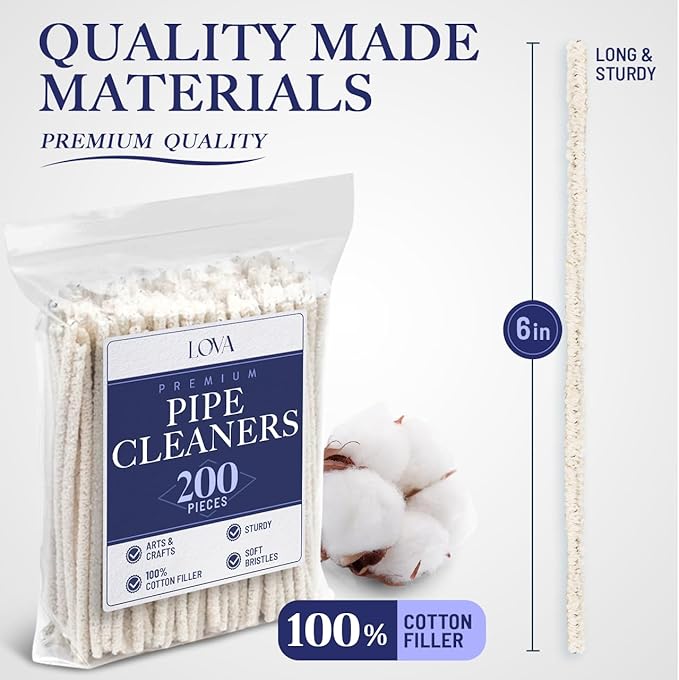 LOVA Soft Bristle Tobacco Pipe Cleaners, 200 Count 6-Inch 100% Cotton Stem Cleaning Brushes with Flexible Wire for Pipe Stems, Mouthpieces, Reusable Straws & Narrow Tubes