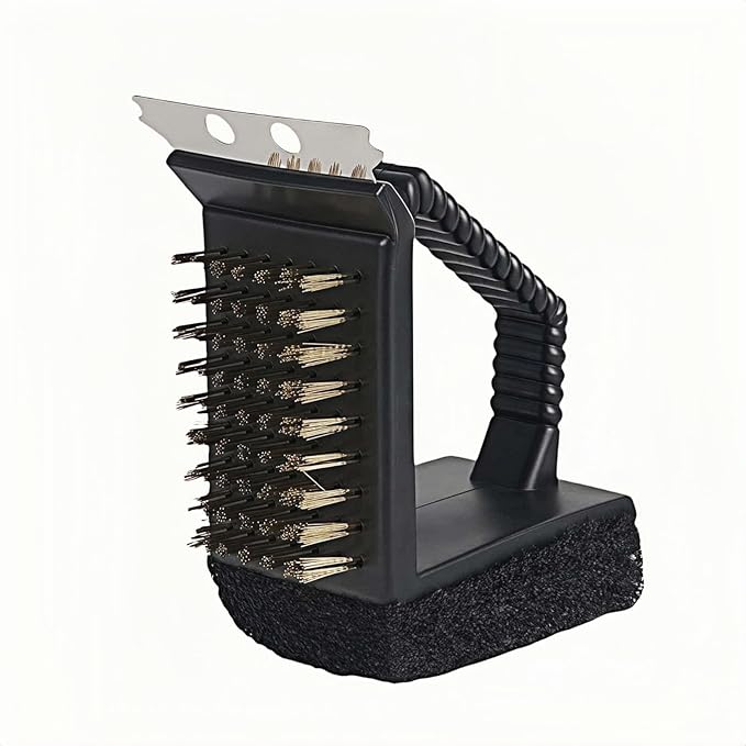 3-in-1 Heavy Duty Grill Brush with Copper Bristles, Stainless Scraper & Sponge - Angled Triangle BBQ Cleaner Tool, Non-Slip Grip for Grill Grate (Black)