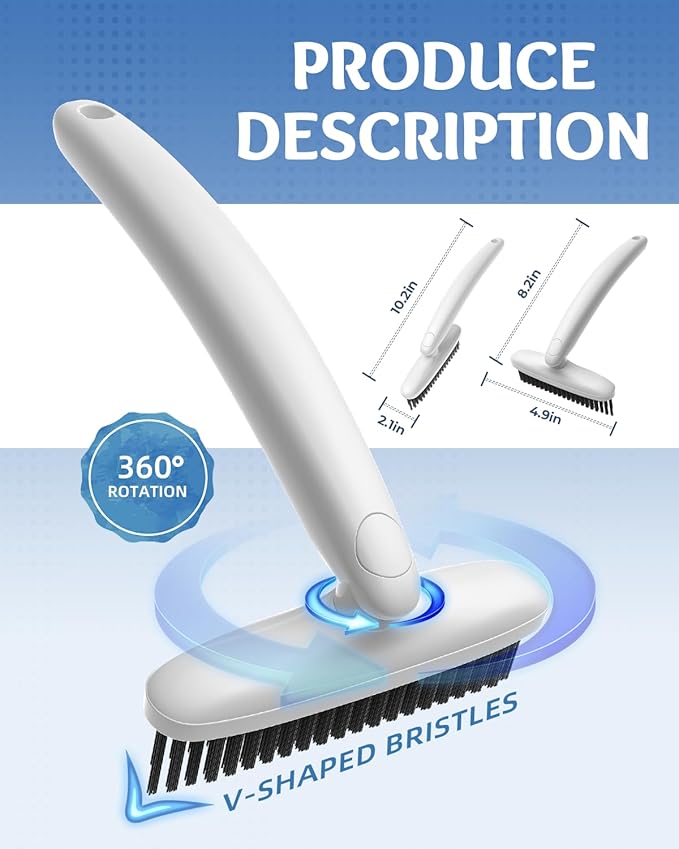 360 Degree Rotating Crevice Cleaning Brush- Household Hard Bristle Cleaning Brush, Multifunctional Bathroom Cleaning Tools for Kitchen Sink, Window, Tile, Toilet Seat (2, White)