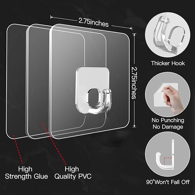 Large Adhesive Hooks, 33lb Heavy Duty Utility Hooks for Hanging, 30 Pack Damage Free Sticky Hanging Hook, No Trace Self-Adhesive Wall Hook for Kitchen Bathroom Office Multiple Uses