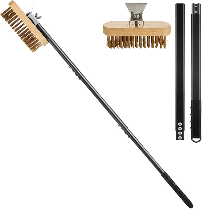 1 Pcs Adjustable 47" Pizza Oven Brush with Scraper, Brass Bristles Pizza Stone Brush with Detachable Handle and Screwdriver, Pizza Oven Accessories for Cleaning Pizza Oven
