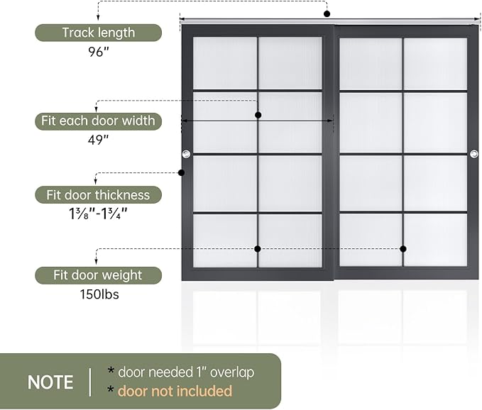 EaseLife 8FT/96in Bypass Double Sliding Pocket Door Hardware Kit,Commercial Grade,Aluminum,Bypassing Closet Door Track for 2 Door System,Slide Smoothly Quietly,Easy Install,No Doors