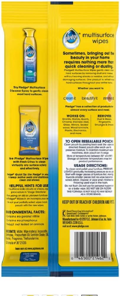 Pledge Multisurface Wipes, Fresh Citrus, 25-Count (Pack of 3)