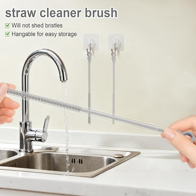 Silicone Straw Cleaner Brush, 4-Piece Reusable Straw Brush Set with Extra-Long Design for Cleaning Thin Metal Straws and Wider Milkshake Straws （6mm+9mm Gray)