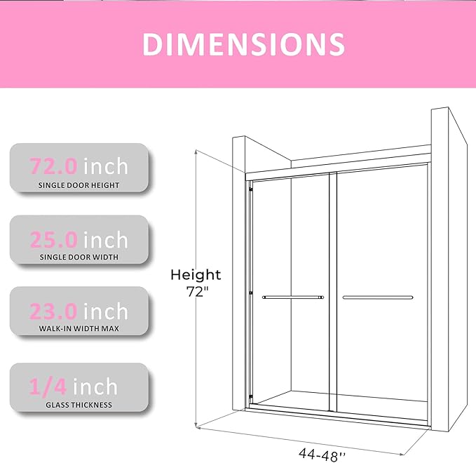 48 Inch Glass Shower Door with 1/4" (6mm) Clear SGCC Tempered Glass,44-48 in.W x72 in.H Semi-Frameless Sliding Shower Door,Matte Black Hardwares with 4'' Adjustable Rail,304 Stainless Steel Handles