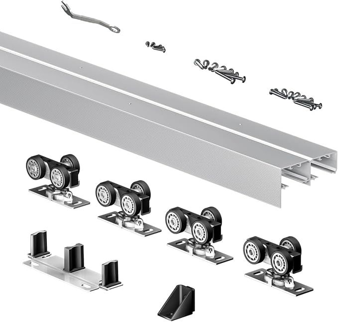 Heavy Duty Bypass Sliding Closet Door Track Hardware 60", 5FT Aluminium Pocket Door Track Rail Set, Smoothly and Quietly, for 2 Door System