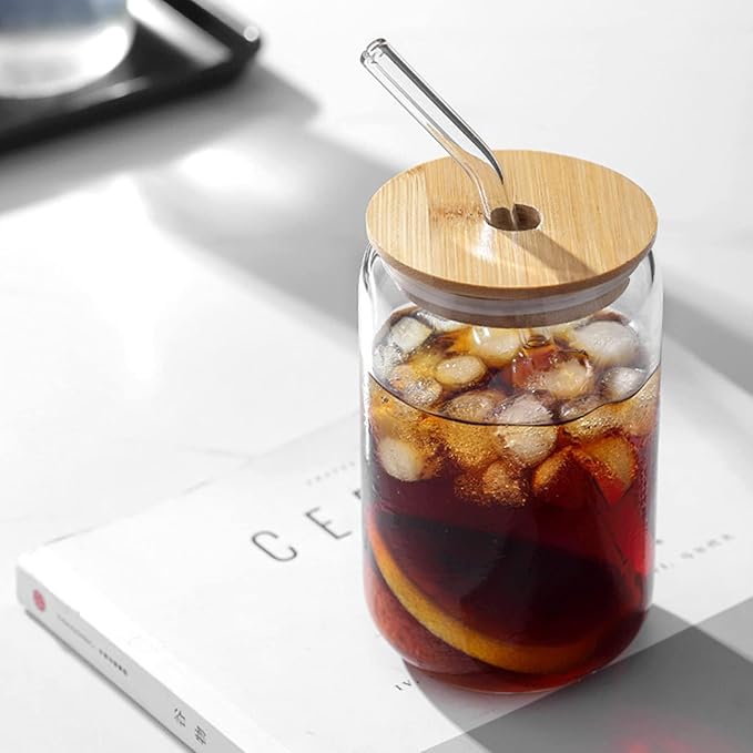 Drinking Glasses with Bamboo Lids and Glass Straw 4PCS Set, 16oz Glass Cups with Lids and Straws, Beer, Iced Coffee Glasses, Soda, Gift 1 Cleaning Brushes