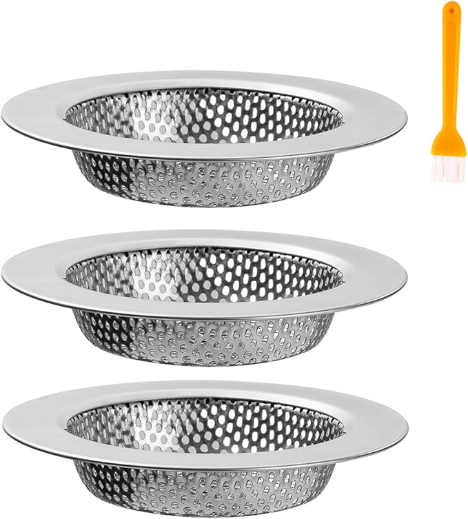 ROYEKDO 3PC Kitchen Sink Strainer Stainless Steel with CoarseMesh | 4.4 inch Wide Rim Drain Strainer | Fits Standard Sinks &Garbage Disposals (Silver)