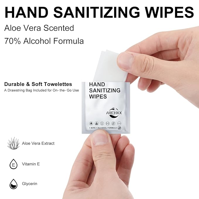 ARCHXX Cotton-Like Softness Hand Sanitizer Wipes, 100 Count, Antibacterial Hand Wipes Individually Wrapped, 70% Alcohol, Travel Size, Sanitizing for Home, Office & Outdoor, Aloe Vera Scent