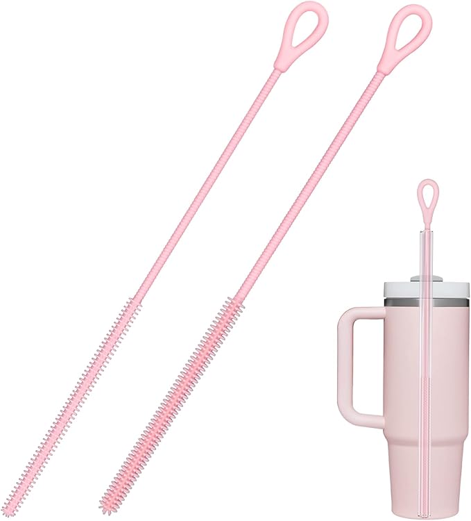 Silicone Straw Cleaner Brush, 2Pcs Straw Cleaner Brush Extra Long, Straw Brush Bristles Cleaner Brush for Cleaning Stanley, Metal Glass Straws, Drink Lid (Pink)