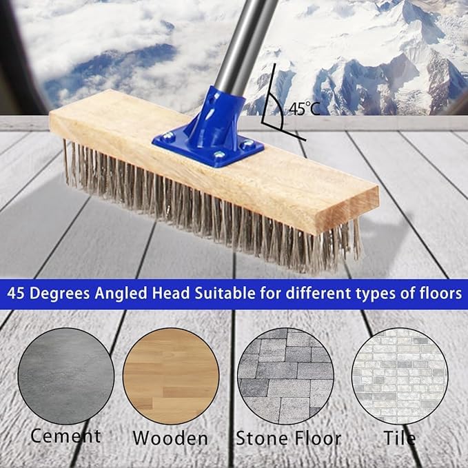 MEIBEI Deck Brush, Stainless Steel Wire with Long Handle 57", Perfect for Algae, Tough Stains on Concrete, Walkways, Patio and Swimming Pool