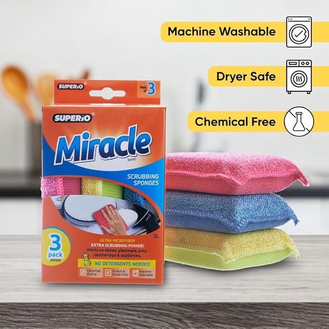 Miracle Microfiber scrubbing Sponges Non-Scratch Sponge Scrubber Heavy Duty Multi-Purpose Cleaning of Dishes, Kitchen, Baths, and Countertops, Machine Washable, 3 Pack, by Superio