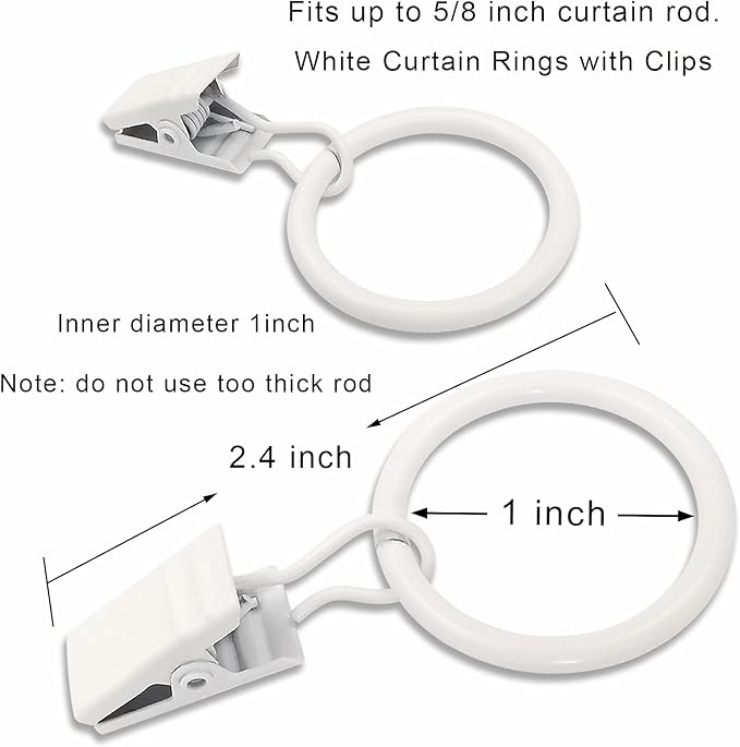 100 Pack Metal Curtain Rings with Clips, Drapery Clips with Rings, Drapes Rings 1 inch Inner Diameter, Fits Diameter 5/8 inch Curtain Rods, White