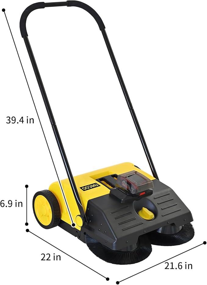 UNICOO® Electric Hand Push Floor Sweeper – Battery Powered Walk-Behind Sweeper with Dual Brush Rollers, 23" Sweeping Width & 6.6 Gallon Waste Bin – Indoor/Outdoor Push Sweeper (Yellow)
