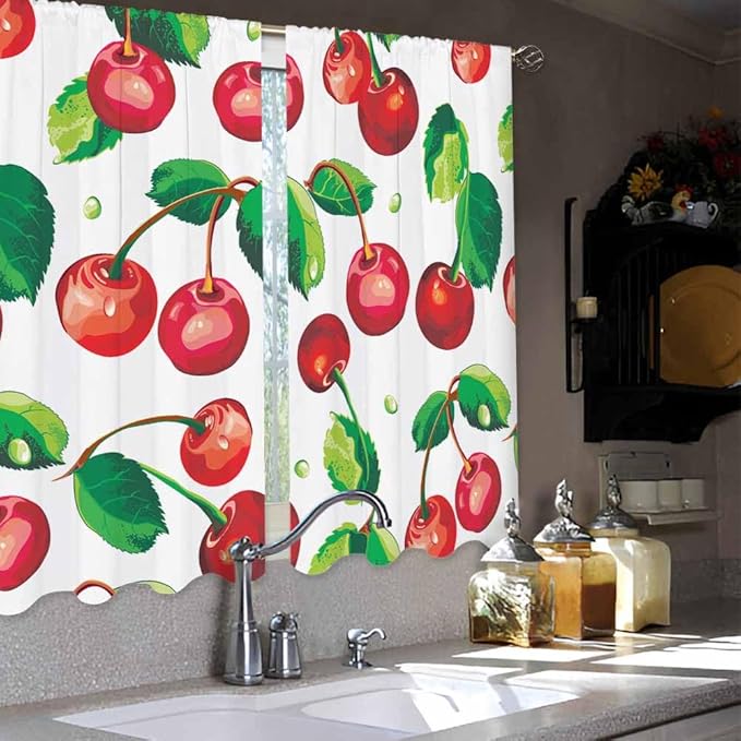 Red Cherry Kitchen Curtains Sweet Ripe Fruit Fresh Juicy Berry Short Tier Curtains for Bathroom Cafe Small Window Drapes Treatment 2 Panels (27.5x39 Inch)