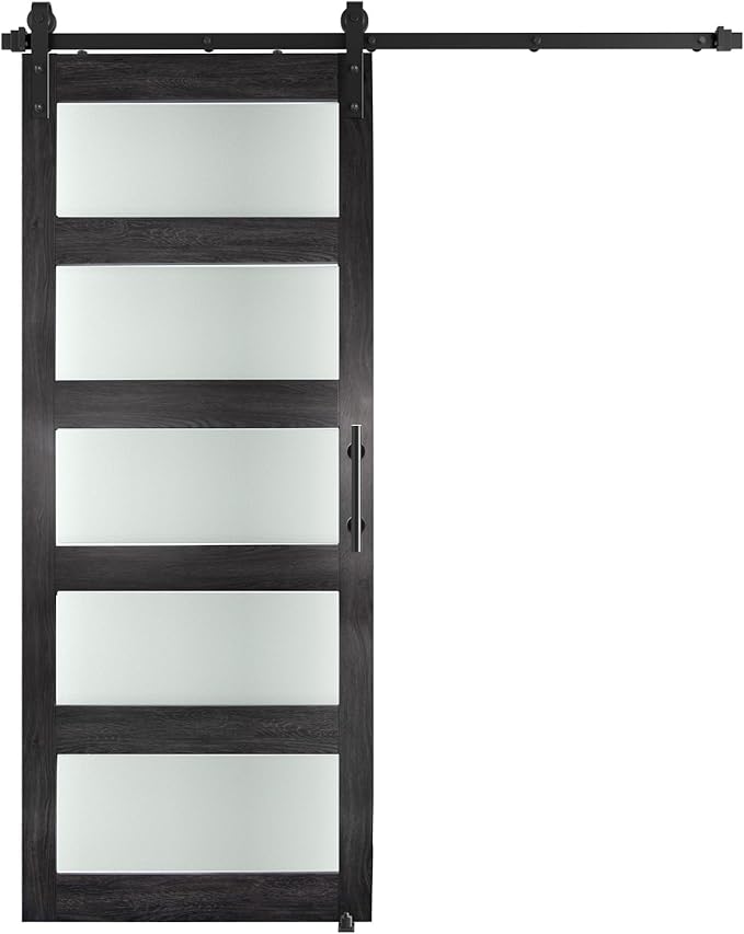 32'' x 84'' Glass Barn Door and 6 Ft Hardware Kit Included, MDF White Barn Door Slab with Frosted Glass, PVC Surface, Combined with Handle and Floor Guide-Assembly Required, Dark Grey