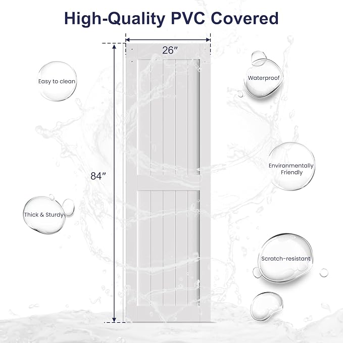 SmartStandard 26 x 84 inch White Sliding MDF Barn Door with 5FT Brushed Nickel Sliding Door Hardware Kit & Handle, Pre-Drilled Ready to Assemble, Waterproof PVC Coating, H-Frame