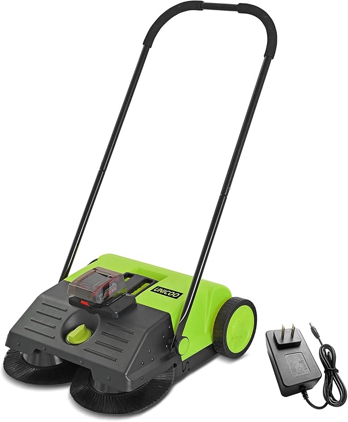 UNICOO® Electric Hand Push Floor Sweeper – Battery Powered Walk-Behind Sweeper with Dual Brush Rollers, 23" Sweeping Width & 6.6 Gallon Waste Bin – Indoor/Outdoor Push Sweeper (Green)