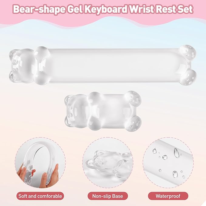 Gel Keyboard and Mouse Wrist Rest Set – Clear Wrist Rest for Computer Keyboard 60%/68%/75%, Comfort & Support for Typing and Gaming(Cute White Bear)