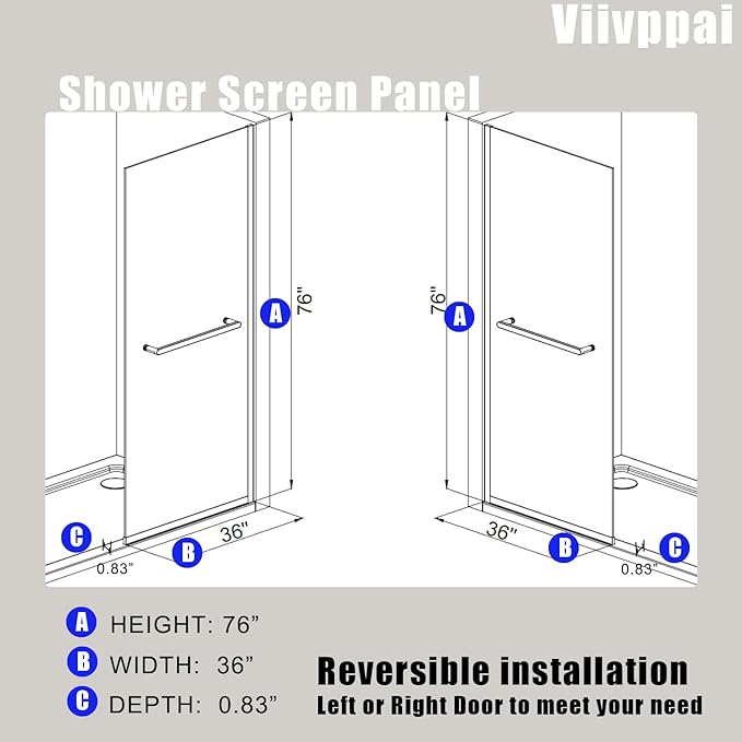 Shower Screen 36" x 76" Half Frameless Shower Wall Panel, Tempered Glass 3/8 inch, Easy to clean Coating, Fixed Glass Shower Door with Hardware (Matte Black with Towel Bar, 36" W X 76" H)