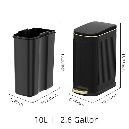 2.6 Gallon Slim Bathroom Trash Can with Soft Close Lid, 10L Stainless Steel Garbage Can with Removable Liner Bucket, for Narrow Spaces, Bathroom, Bedroom (Matt Black)