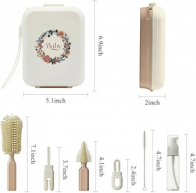 8-in-1 Baby Bottle Brush Set, Silicone Baby Bottle Cleaning Kit with Drying Rack, Portable Travel Brush & Accessories for Home and Travel (Pink)