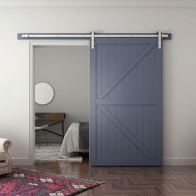 SMARTSTANDARD 8 Feet Brushed Nickel Sliding Barn Hardware Kit-Sturdy Silvery Track-Smoothly and Quietly-Simple and Easy to Install-Fit 48" Wide Door Panel (I Shape Hanger)