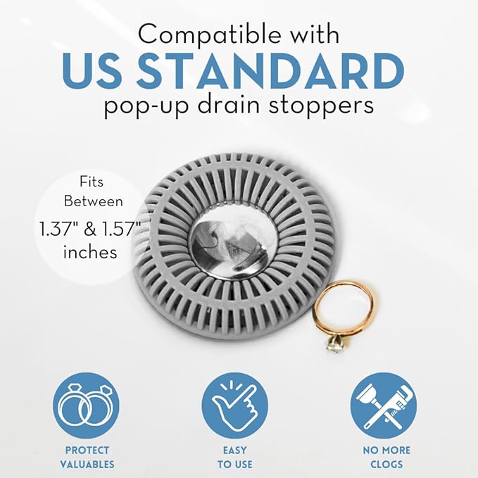 Bathroom Sink Hair Catcher for Pop-Up Drain – SinkRing 1.57" Precision Strainer for Bathroom Sink Drains | Clog-Free Hair Trap for Contacts, Earrings, Jewelry | No Suction or Screws – Gray