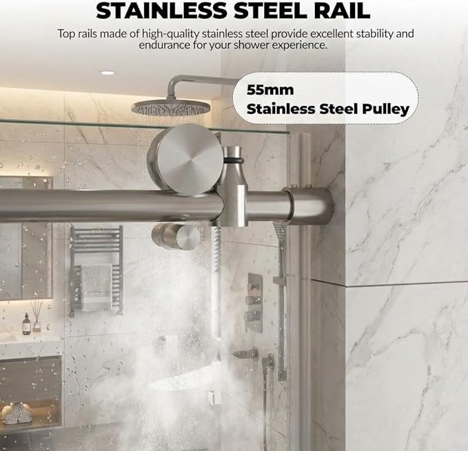 Bathtub Shower Door, 59" Wide x 60" High Sliding Door with 8mm Tempered Glass & Easy-Clean Coating, Brushed Stainless Steel Top Rail, One Fixed One Sliding Panel