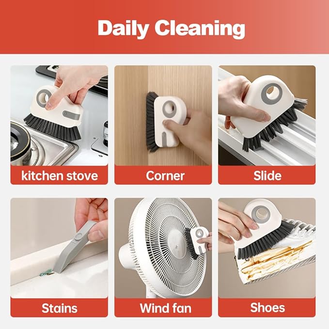 2 in 1 Groove Cleaning Brush, 2025 New Window Track Cleaning Tools, Multifunction Hard Bristle Cleaning Brush with Hidden Scraper for Sliding Door Track, Window Sill, Window Seal (Orange-1Pcs)
