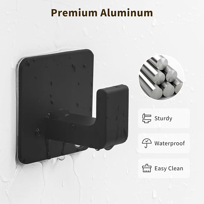 Square Self Adhesive Towel Hooks - 4 Pack Matte Black Metal Hooks, Right-Angle Design for Towels, Robes & Hats, Organize Bathroom, Kitchen, Entryway, Doors, Cabinets on Smooth Surfaces | Square, Right-Angle Design, for Towels, Robes & Hats, Organize Ba...