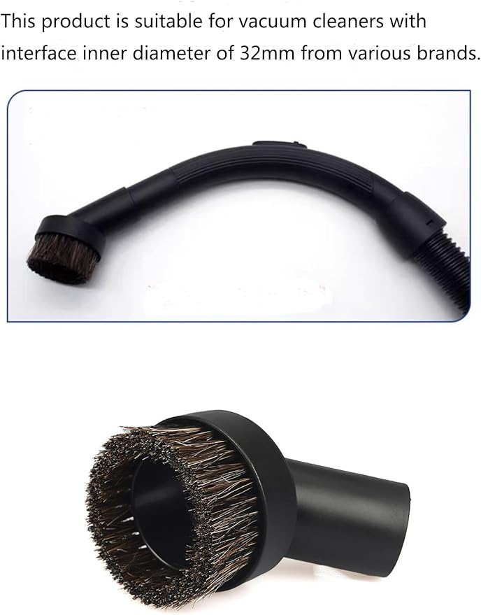 2PCS Black Round Vacuum Brush 1.25" Horse Hair Dust Brush 1 1/4" Vacuum Cleaner Duster Sweeper Accessory for Cleaning Vacuum Blinds Upholstery Rug Hard Small Spaces Soft Bristle