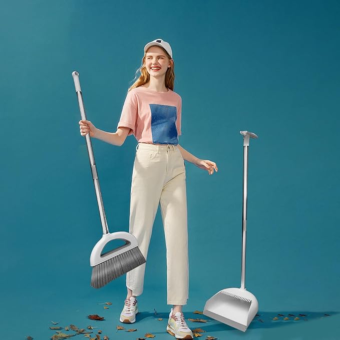Brooms and Dustpan Set with 35" Long Handle, 182° Rotatable Standing Storage Buckle Type, Built-in Combs and Scraper, Lightweight & Robust, for Home, Kitchen, Room, Office, Floor Use
