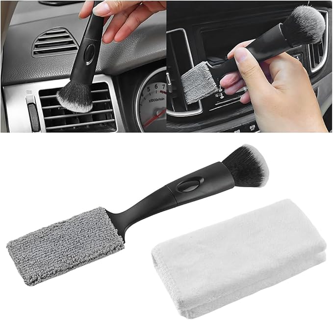 Car Double Head Brush, Multifunctional Soft Vehicle Interior Detailing Tool with Towels, Portable Auto Dashboard Double Ended Dust Sweeping Brushes, Universal for Sedan Truck SUV
