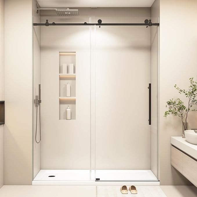 55-60” W x 76" H Single Sliding Shower Door, Frameless Shower Door with Explosion-Proof Film and Nano Coating, 1/4” (6MM) SGCC Tempered Glass, Stainless Steel Hardware, Matte Black