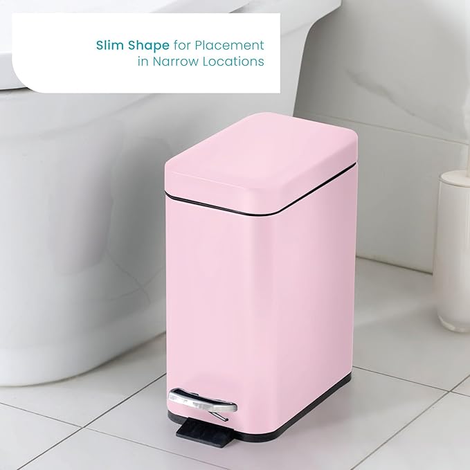 Home Zone Living 2-Pack 1.3 Gallon Small Pink Bathroom Trash Can with Lid and Step Pedal, Stainless Steel Wastebasket with Slim Design for Home and Office, 5 Liters