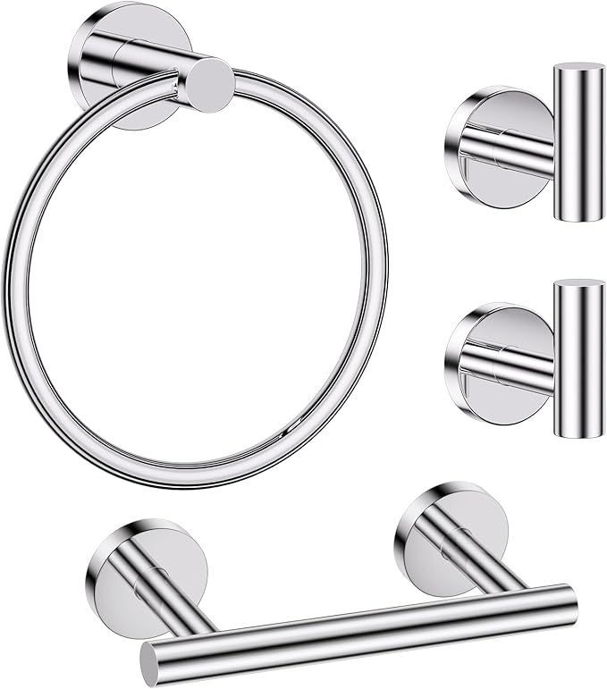 Polished Chrome Bathroom Hardware Set, 4-Piece Towel Holder Set Include Double Bases Toilet Paper Holder,Towel Ring and 2 Towel Hooks Stainless Steel Wall Mounted Bathroom Hardware Accessories Set