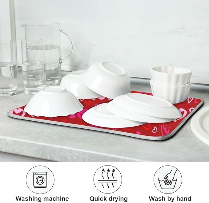 Happy Valentine's Day Dish Drying Mat for Kitchen Red Pink Heart Love Words Microfiber Drying Mats Absorbent Reversible Dish Pad Large Dish Draining Mat 18x24 inch